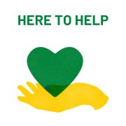 Here to Help Image with green heart in caring hand saying here to help